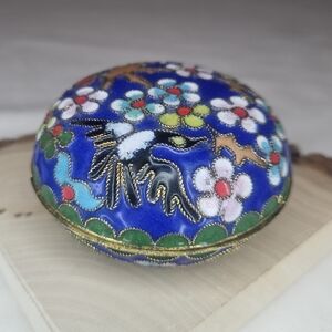 Vintage Cloisonne Trinket Box Floral Enamel Jewelry Box Blue Gold Tone GUC 80s